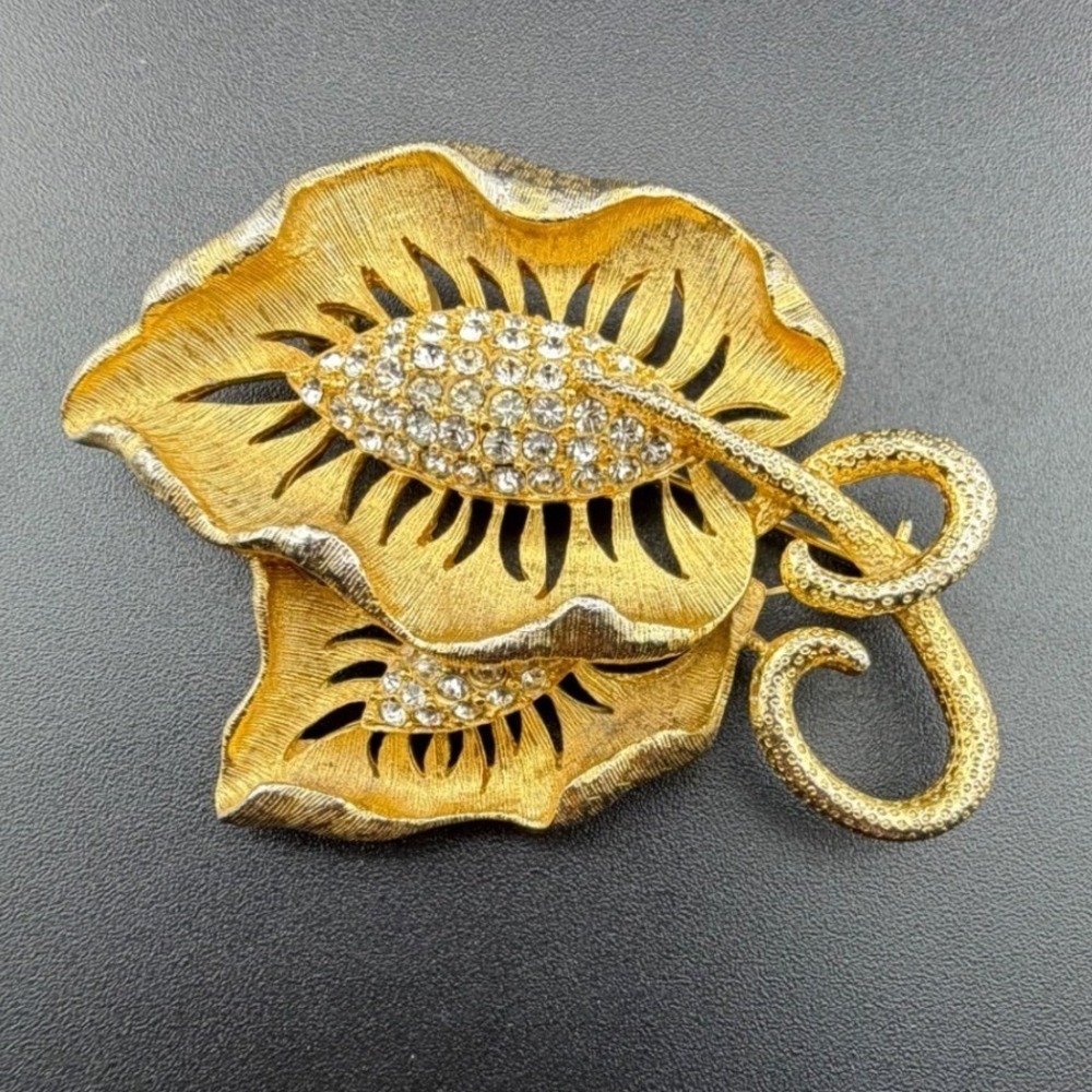 Gold Tone Brooch Pin Floral Leaf Rhinestone Vintage Art Deco Statement Regency